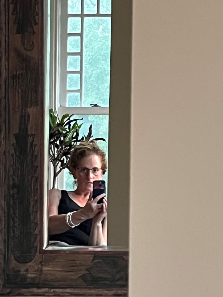 A person sitting near a window, reflected in a mirror, taking a selfie with a smartphone. A plant is visible beside the person.